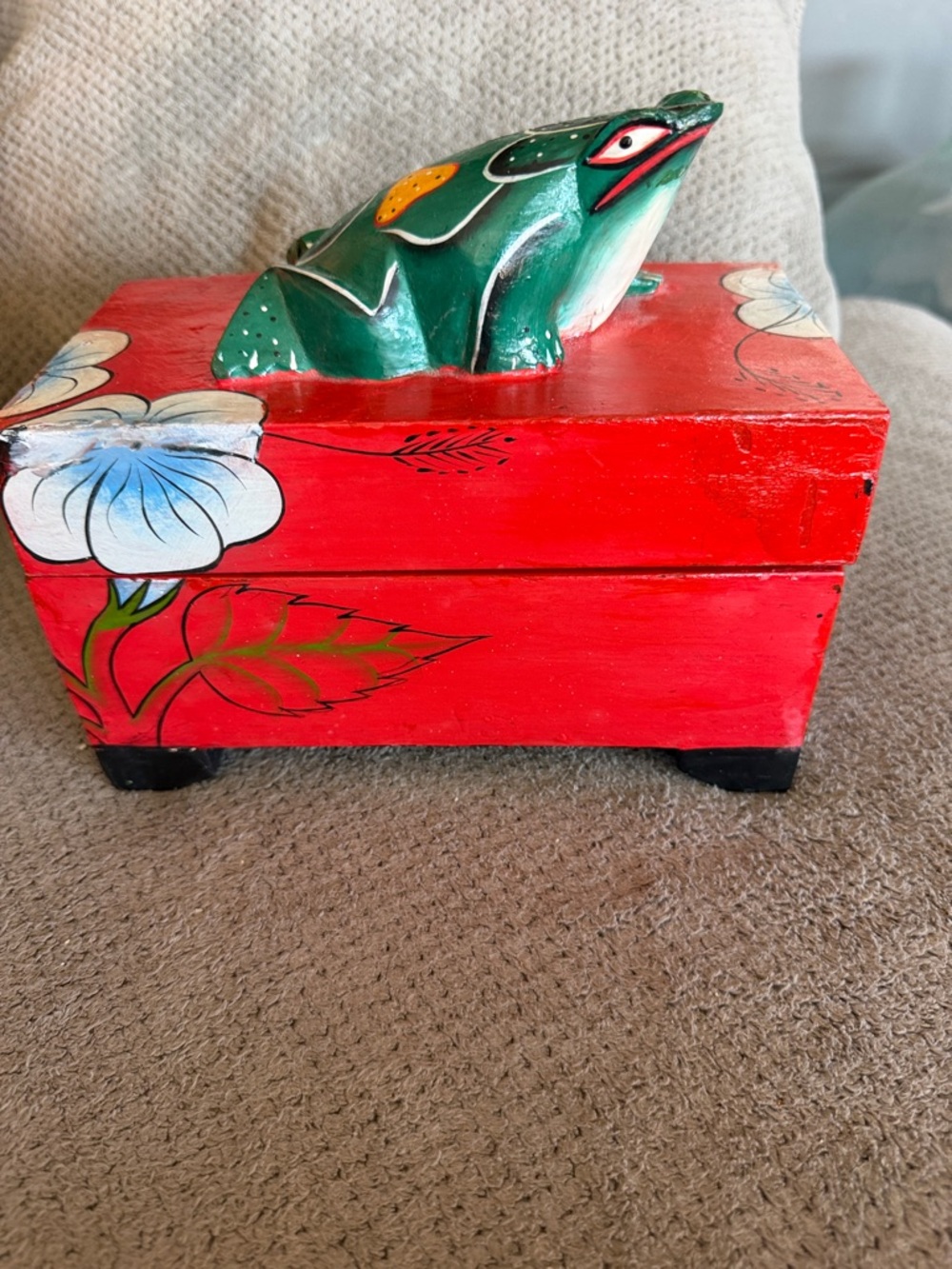 Pier 1 Red Hand-Painted Wooden Box with Green Frog Accent